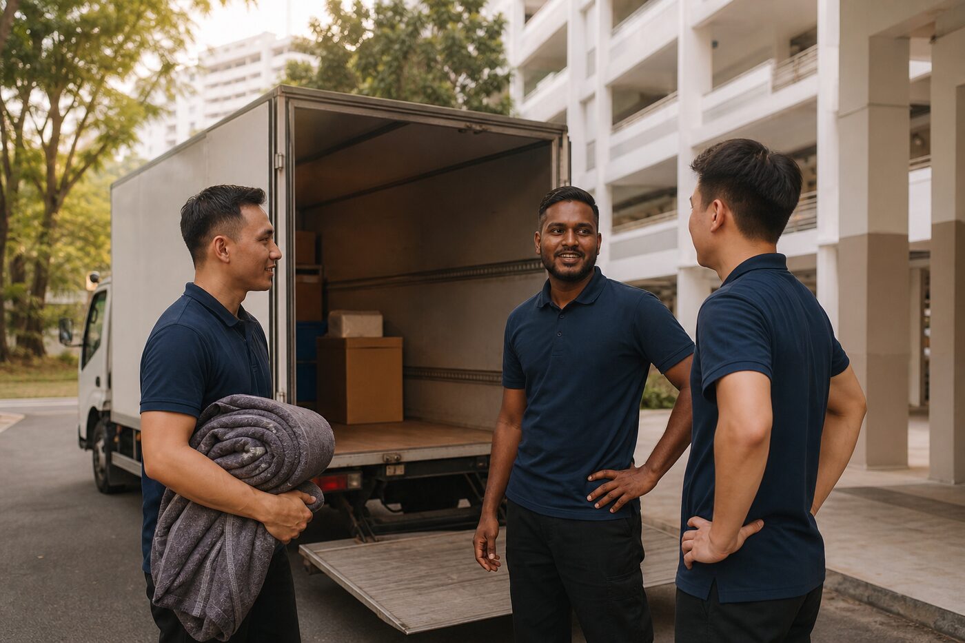The M6 team beside their lorry at a Singapore HDB loading bay