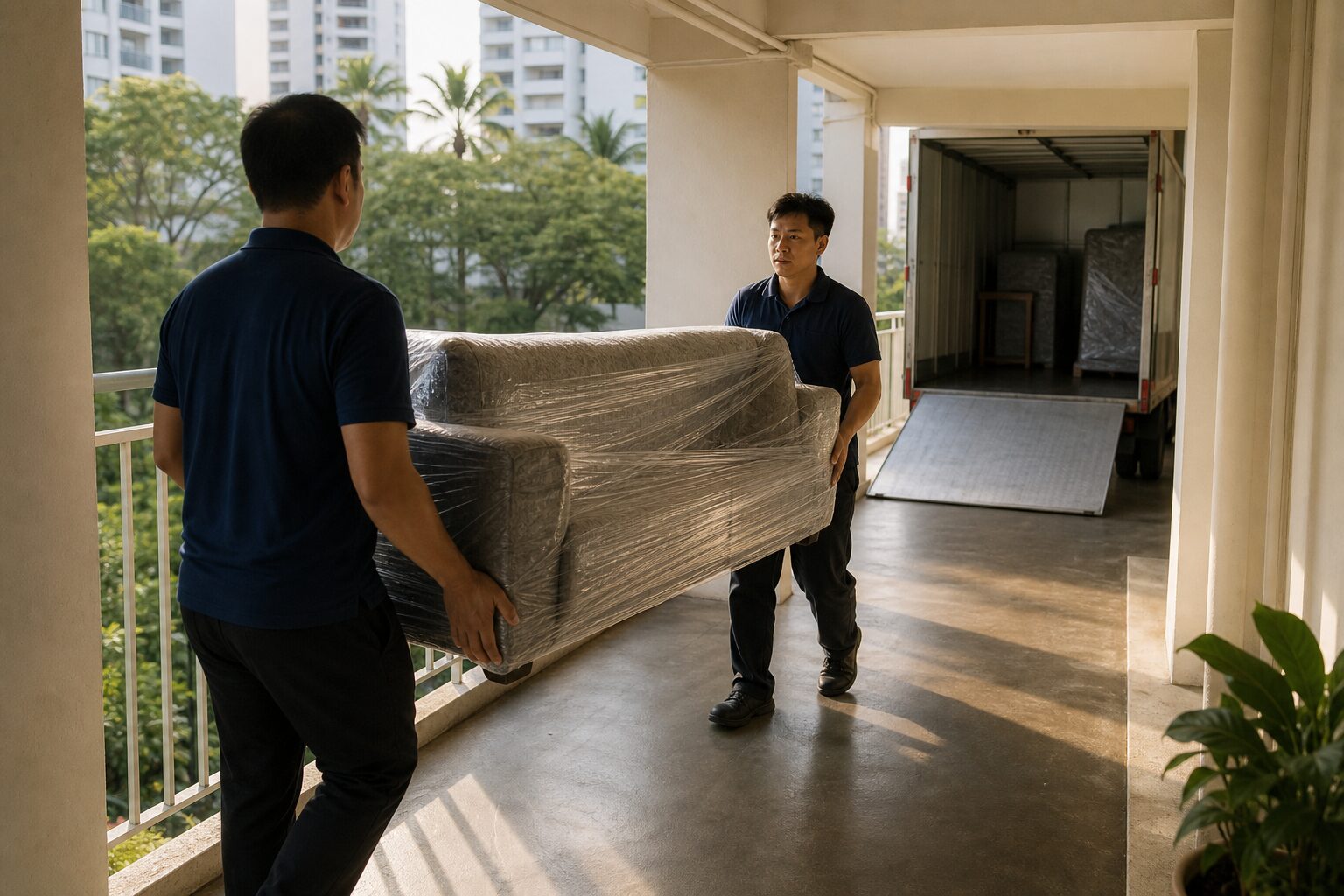 M6 movers carrying a wrapped sofa along an HDB corridor to their lorry