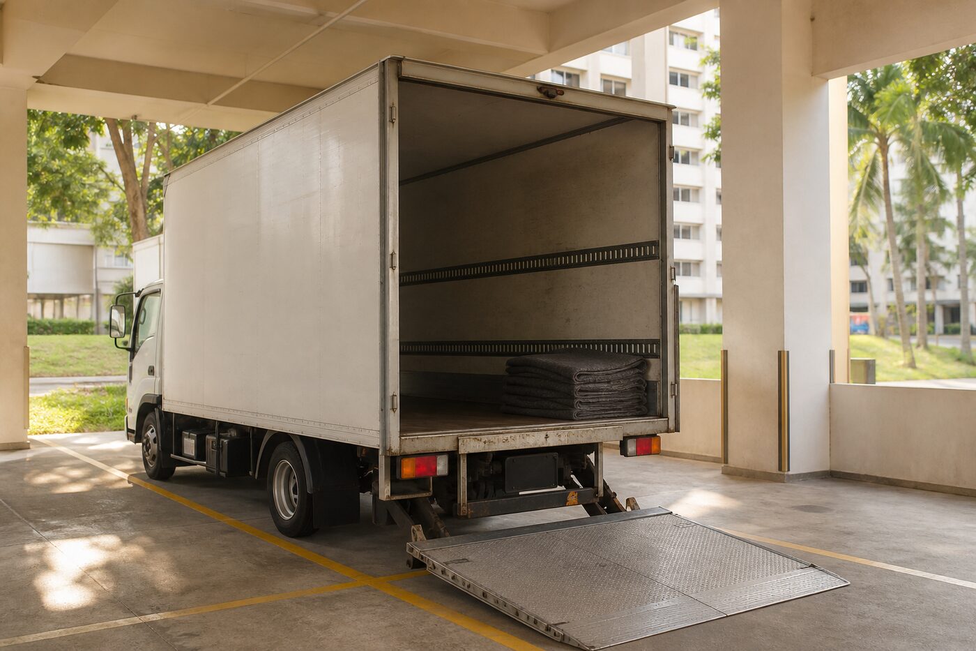 M6 lorry at an HDB loading bay with the tailgate down
