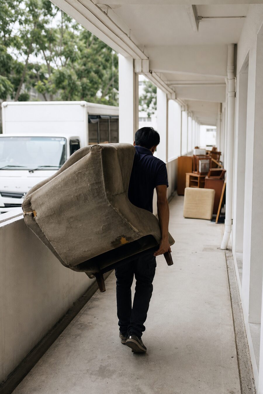 Carrying an old armchair out for disposal