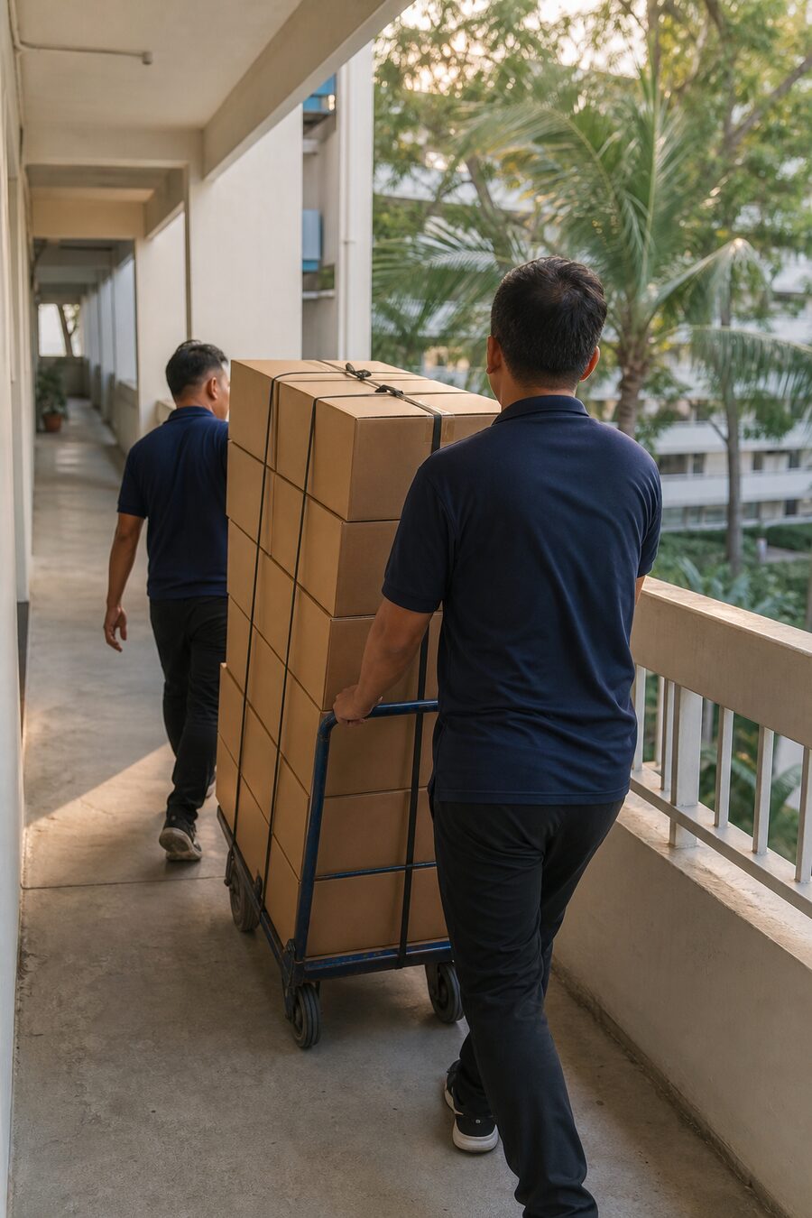 Wheeling stacked boxes along an HDB corridor