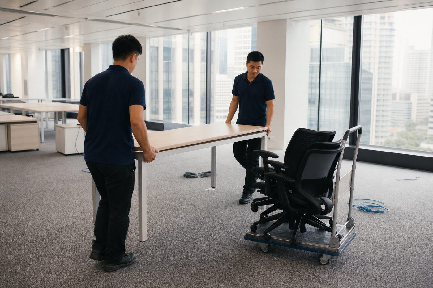 Desks and office chairs being cleared out of a Singapore office
